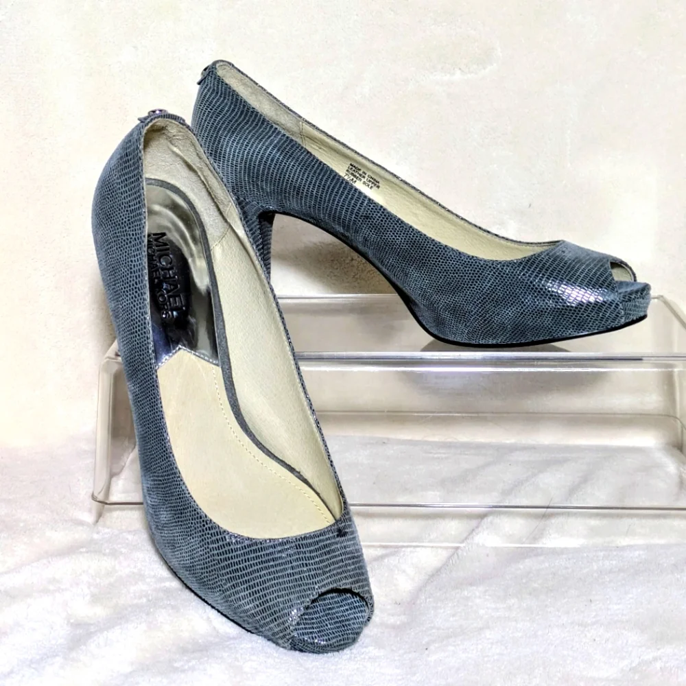 Michael Kors Leather Peep Toe Heels, Gray, Snakeskin Pattern, Business, Sz‎ 7.5